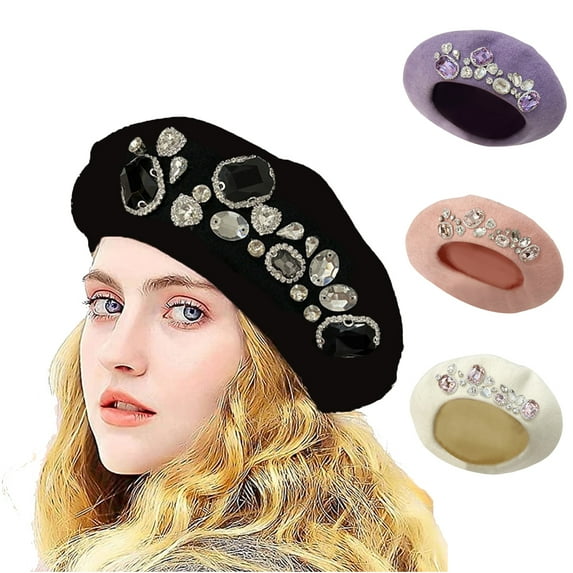 Yirtree Rhinestone Beret Hats for Women Wool French Hat Lady Winter Luxury Rhinestone Women Painter Hat Beanie Cap Fashion Accessories