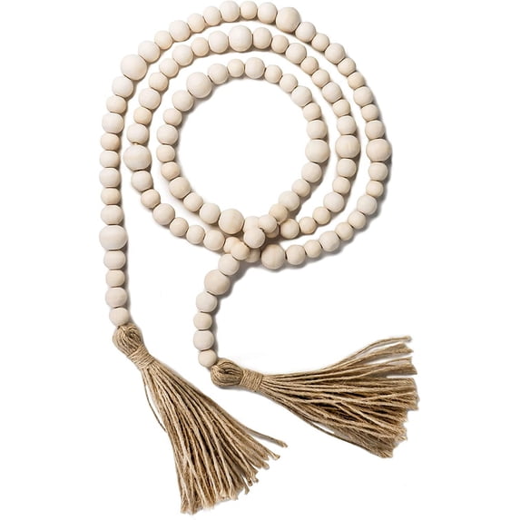 Yirtree Rustic Wooden Bead Garland with Linen Rope Tassels, 57 Inch Natural Decor