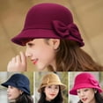 thumbnail image 1 of Yirtree Solid Color Wide Brim Round Dome Sunscreen Windproof Woolen Hat Women Autumn Winter Elegant Bowknot Decor Felt Fedora Hat Daily Wear, 1 of 8