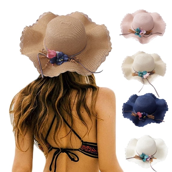 Yirtree Summer Girl Half a Flanging Straw Hat Beach Sun Cap with Flowers For adult and child