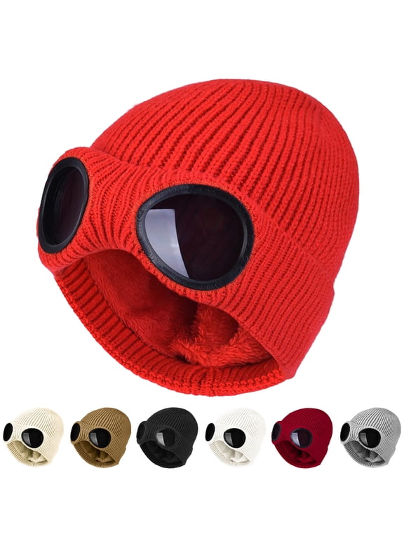 Unisex Goggle Knitted Beanie Hat Windproof Warm Winter Skull Cap Solid Color Autumn Winter Women Men Skull Beanie Cap Streetwear