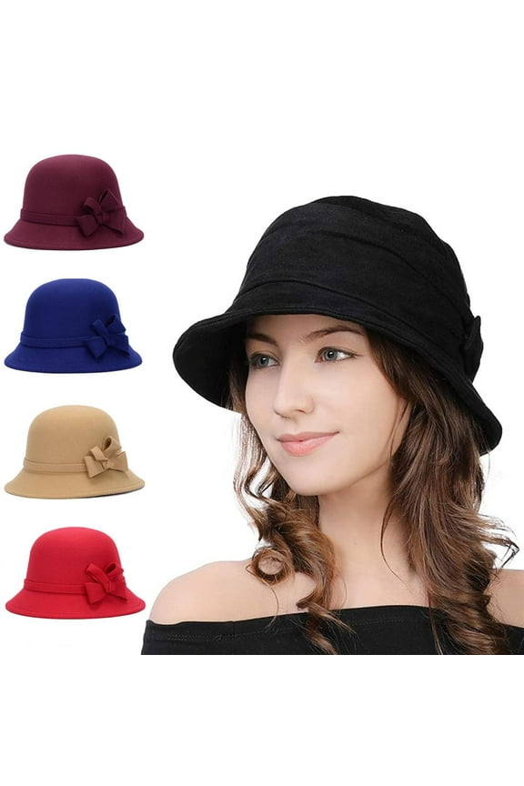 Vintage Felt Cloche Hat Winter Floral Fedora Bucket Hat Bowler Hats Solid Color Comfortable Faux Wool Wide Brim Hat for Tea party