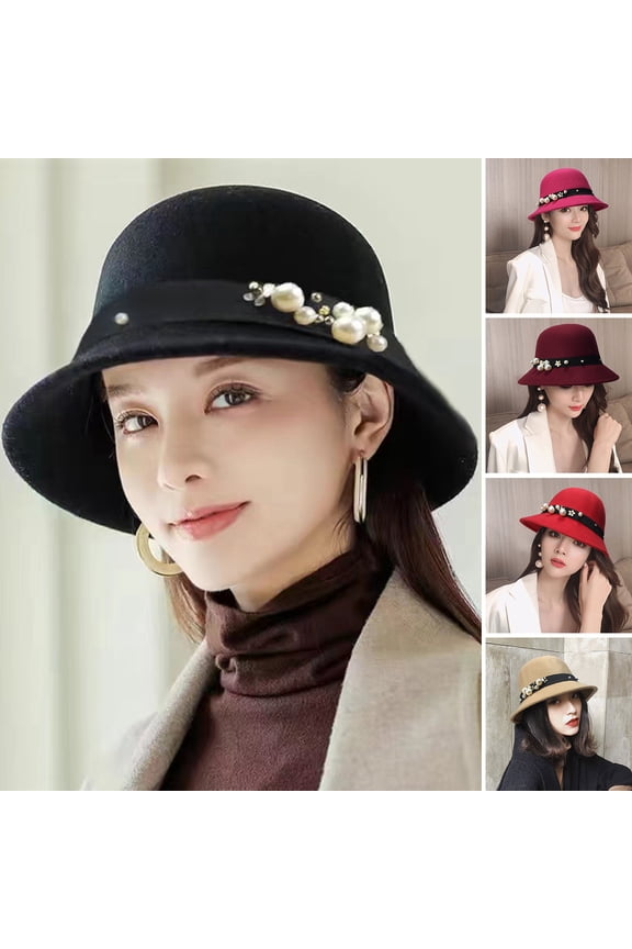 Vintage Felt Hat Winter Floral Hats Faux Pearl Decor Down Brim Sunshading Round Top Decorate Retro Vintage Women Cloche Hat for Church