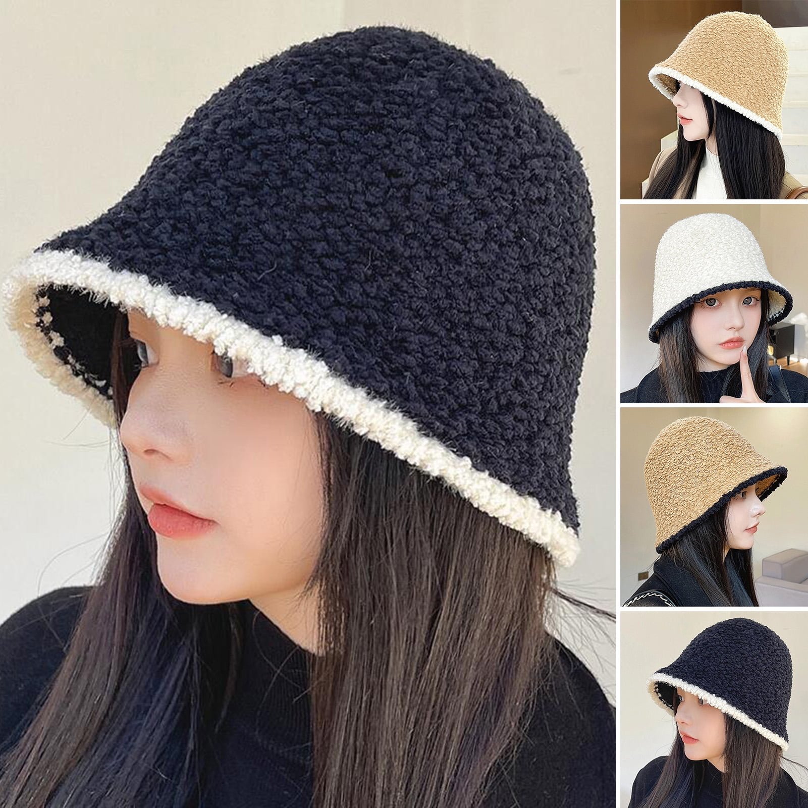 Yirtree Winter Bucket Hat Contrast Color No Brim Plush Round Thick Keep ...