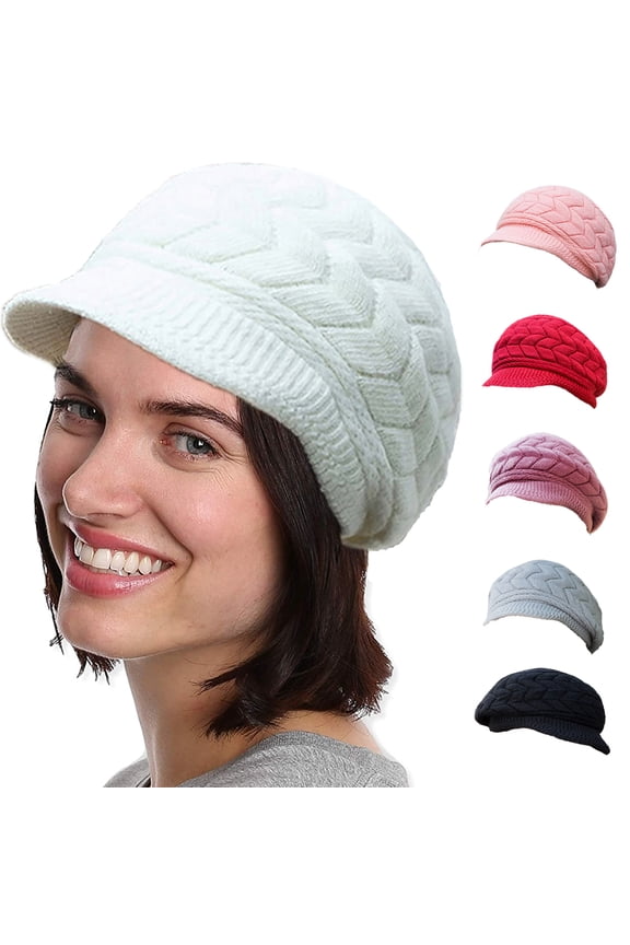 Winter Slouchy Beanie Warm Fleece Lined Skull Cap Baggy Cable Knit Hat Warm Flat Brim Shape Faux Rabbit Fur Fashion Women Cold Hat for Cold Weather