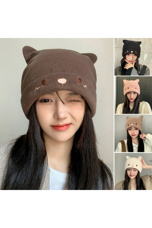 Women Men Girls Boys Teens Cute Cat Ear Knit Cable Rib Hat Cap Beanie Slouchy Soft Cold Resistant Cozy Autumn Winter Women Beanie Cap for Outdoor
