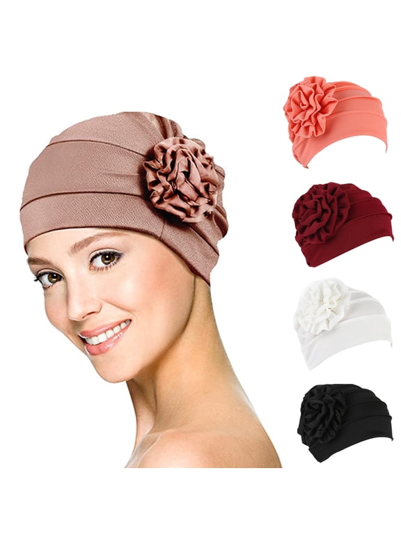 Women Turban Flower Caps Vintage Beanie Headscarf Elastic Headwrap Hat