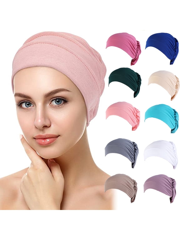Women Turban Pre-Tied Bonnet Braid Turban African Head Wrap for Women Small Solid Color Soft Knotted Night Sleep Beanie Bonnet Chemo Hat Cover