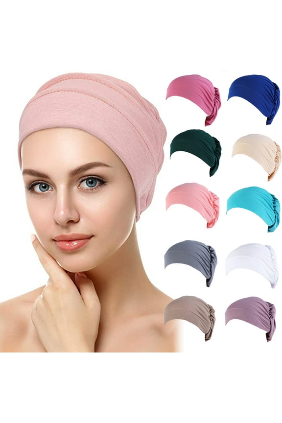 Women Turban Pre-Tied Bonnet Braid Turban African Head Wrap for Women Small Solid Color Soft Knotted Night Sleep Beanie Bonnet Chemo Hat Cover