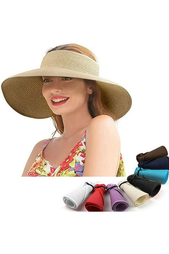 Women's UPF 50+ Wide Brim Roll-up Straw Sun Hat Sun Visor Summer Wide Brim Roll Up Foldable Sun Beach Straw Braid Visor Sun Hat