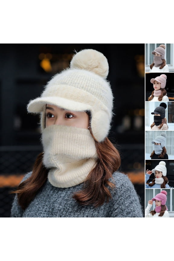 Womenâs Winter Hats Knit Fleece Lined Ear Flaps Beanie Hat with Pompom Scarf Mask Set Warm Soft Slouchy Skull Cap