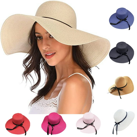 Yirtree Womens Big Bowknot Straw Hat Large Floppy Foldable Roll up Beach Cap Sun Hat UPF 50+ Women Summer Wide Brim Floppy Straw Ribbon Bow Sun Hat Beach Bucket Cap