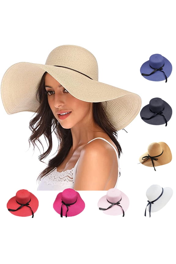 Womens Big Bowknot Straw Hat Large Floppy Foldable Roll up Beach Cap Sun Hat UPF 50+ Women Summer Wide Brim Floppy Straw Ribbon Bow Sun Hat Beach Bucket Cap