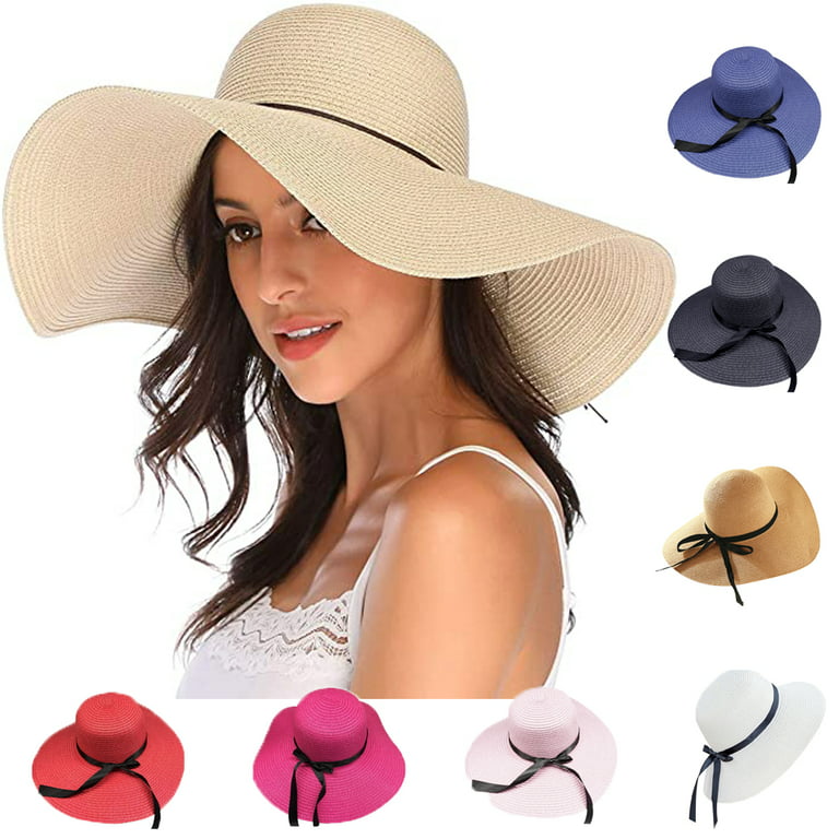 Yirtree Womens Big Bowknot Straw Hat Large Floppy Foldable Roll Up Beach Cap Sun Hat UPF 50+ Women Summer Wide Brim Floppy Straw Ribbon Bow Sun Hat