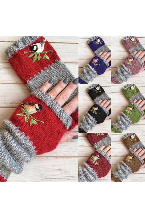 Womens Fingerless Gloves Winter Warm Knit Crochet Thumbhole Arm Warmers Autumn Winter Bird Embroidered Gloves Knit Fingerless Color Block Mitten