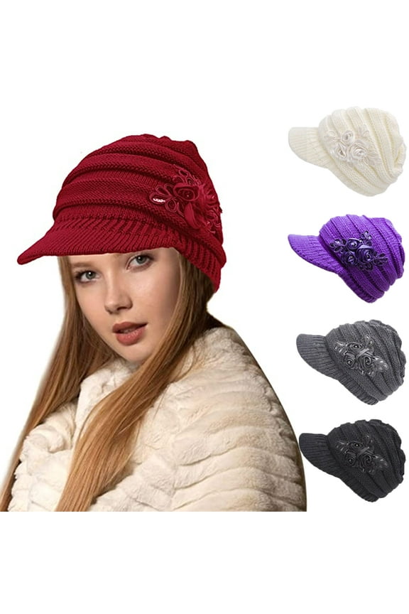 Womens Hats Winter Beanie with Brim Warm Cable Knit Newsboy Cap Visor with Sequined Flower