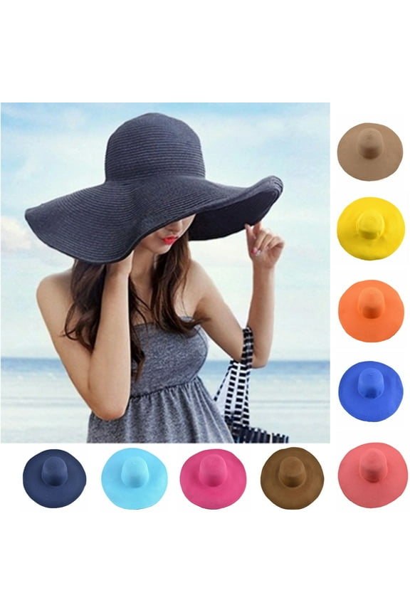 Yirtree Womens Sun Straw Hat Wide Brim UPF 50 Summer Hat Foldable Roll up Floppy Beach Hats for Women Hawaiian Summer Beach Floppy Hat Solid Color Women Wide Brim Straw Sun Cap
