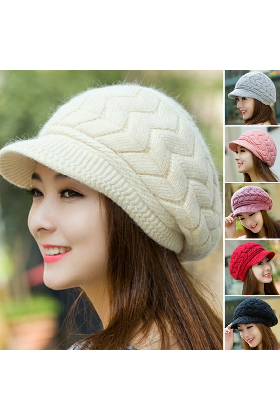 Womens Winter Beanie Hat Warm Knitted Slouchy Wool Hats Cap with Visor Plush Lining Stretchy Plain Ears Protection Solid Color Autumn Winter Women Knitted Hat