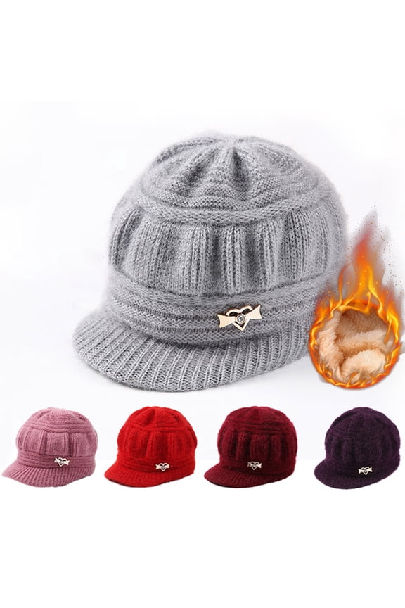 Womens Winter Beanie Hat Warm Knitted Slouchy Wool Hats Cap with Visor Thickened Plush Lining Keep Warm Solid Color Winter Thermal Middle-aged Women Cap for Gift