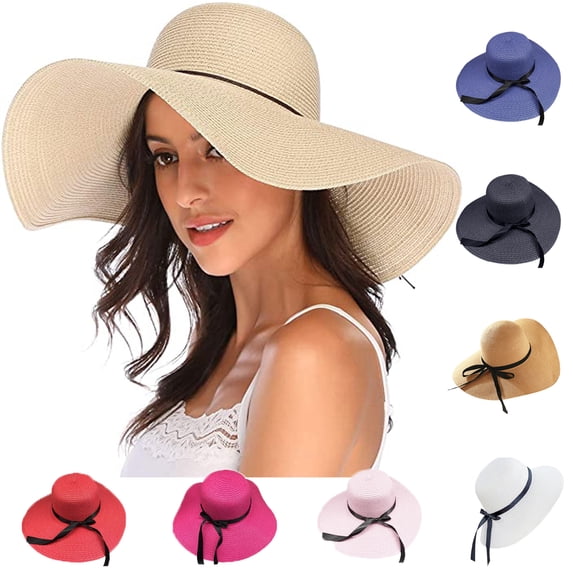 Yirtree Womens Big Bowknot Straw Hat Large Floppy Foldable Roll up Beach Cap Sun Hat UPF 50+ Women Summer Wide Brim Floppy Straw Ribbon Bow Sun Hat Beach Bucket Cap