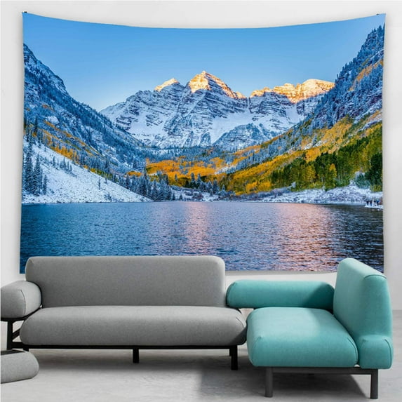 Yisure Snow Mountain Lake Winter Tapestry Nature Scenery Wall Hanging for Home 90x60inch