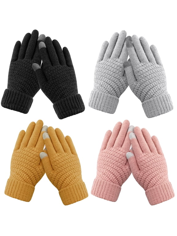 4Pack Winter Cotton Gloves, Thermal Cotton Knit Warm Internal Touchscreen for Cold Weather, Women and Men, Black, Gray , Yellow, Pink