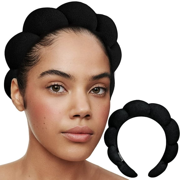 Yiting, Puffy Spa Headband, Black Spa Headband, Spa Headband for Washing Face, Skincare Headbands,Terry Towel Cloth Cute Bubble Headband, Makeup Headband (BLACK)