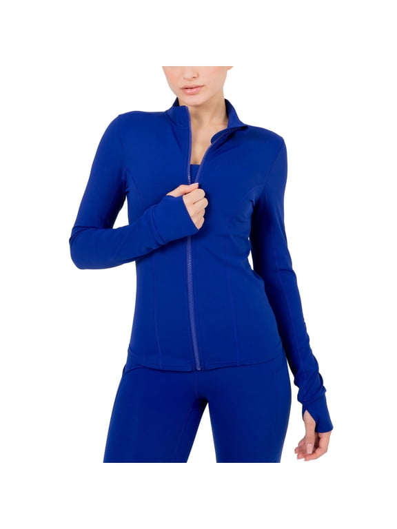 Active Women's Ultraluxe Full Length Full Zip Jacket, Athleisure, 4-Way-Stretch, Thumbholes, Admiral Blue, L