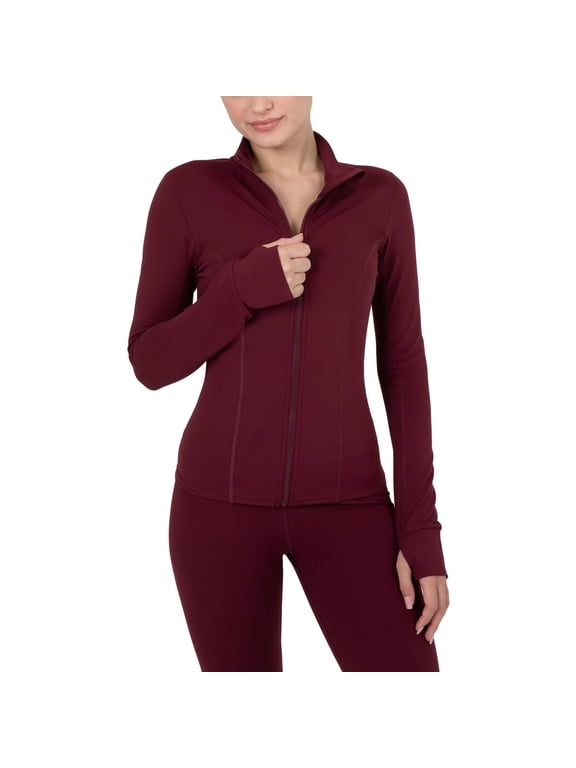 Active Women's Ultraluxe Full Length Full Zip Jacket, Athleisure, 4-Way-Stretch, Thumbholes, Burgundy, XXL