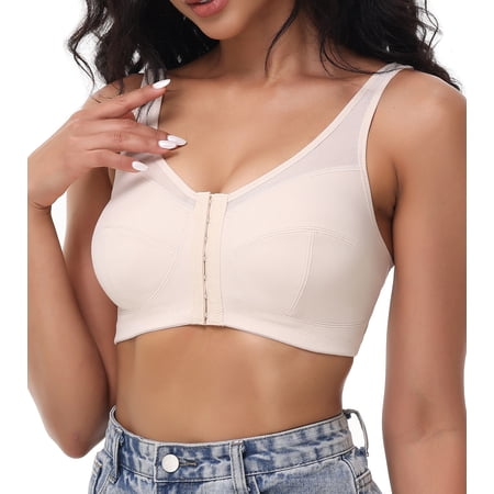 Yiu Till Women's Full Coverage Front Closure Bra Plus Size Comfort Wide Strap Wireless Non-Paded(38C/D,Beige)