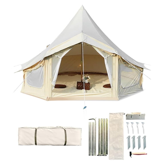 Yiwa 16.4FT Canvas Bell Tent for 8-10 People Family Camping in All Seasons, with 2 Stove Jack & 4 Mesh Zippers Windows, Breathable Waterproof(5m)