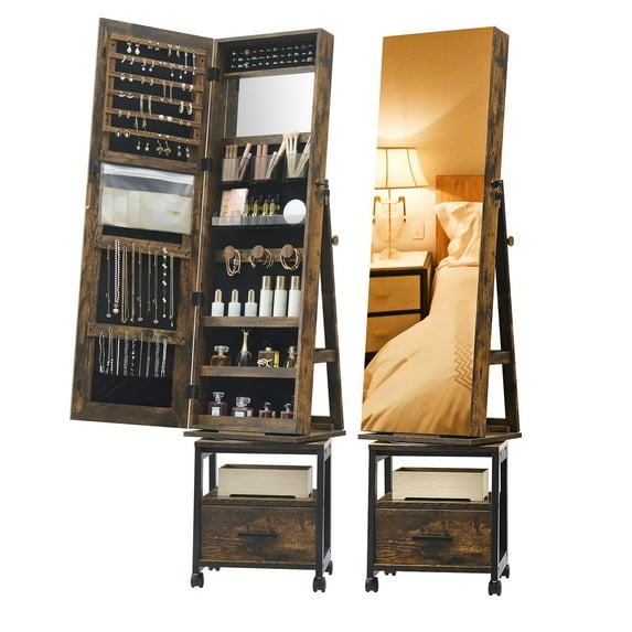 Yiwa 360° Swivel Jewelry Armoire with Full Length Mirror, Inside Makeup Mirror, Bottom Drawer, Rear Storage Shelves, WheelsYiwa