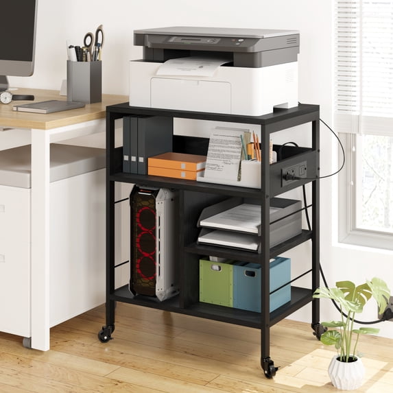 Yiwa 4 Tier Printer Stand with Power Outlet, Large Printer Table with Adjustable Storage Shelf, Wheels for Home Office, Black