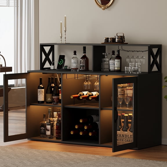 Yiwa 47"W Bar Cabinet with LED Light, Glass Doors, Wine Rack & Glass Goblet Holder, Kitchen Sideboard Buffet Cabinet, Black