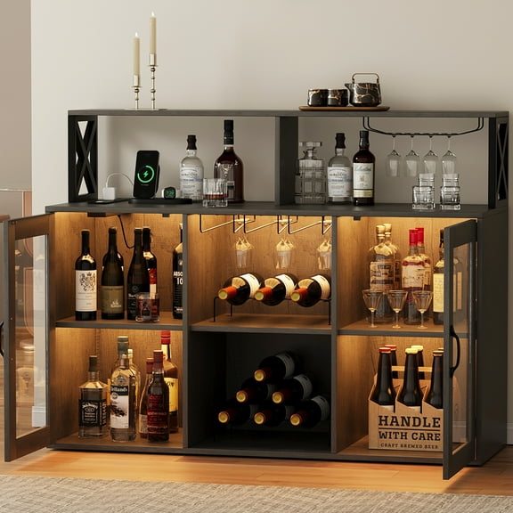 Yiwa 47"W Bar Cabinet with LED Light, Glass Doors, Wine Rack & Glass Goblet Holder, Kitchen Sideboard Buffet Cabinet, Retro Grey
