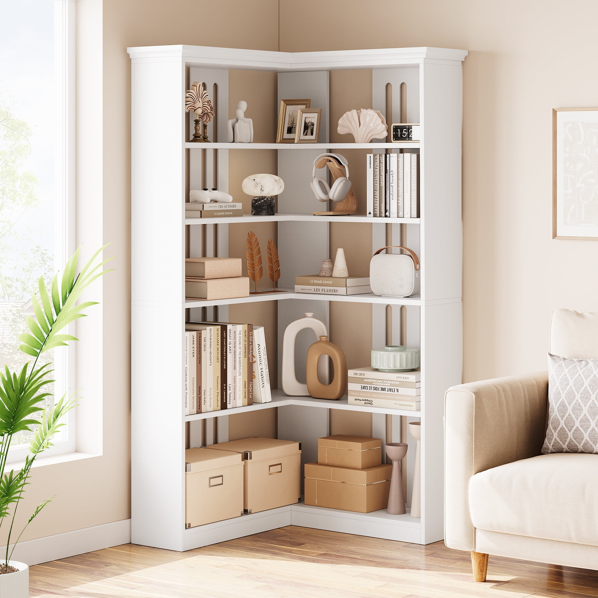 Yiwa 5 Tier L-Shaped Corner Bookshelf, 72.8