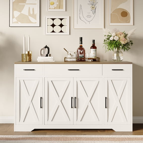 Yiwa 55" White Kitchen Buffet Cabinet with 4 Doors, 3 Drawers & Adjustable Shelf
