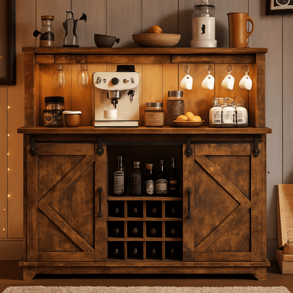 Yiwa 55-inch Farmhouse Bar Cabinet with Sliding Barn Doors, Built-in Charging Station & RGB LED Light - Black, Rustic Brown, White