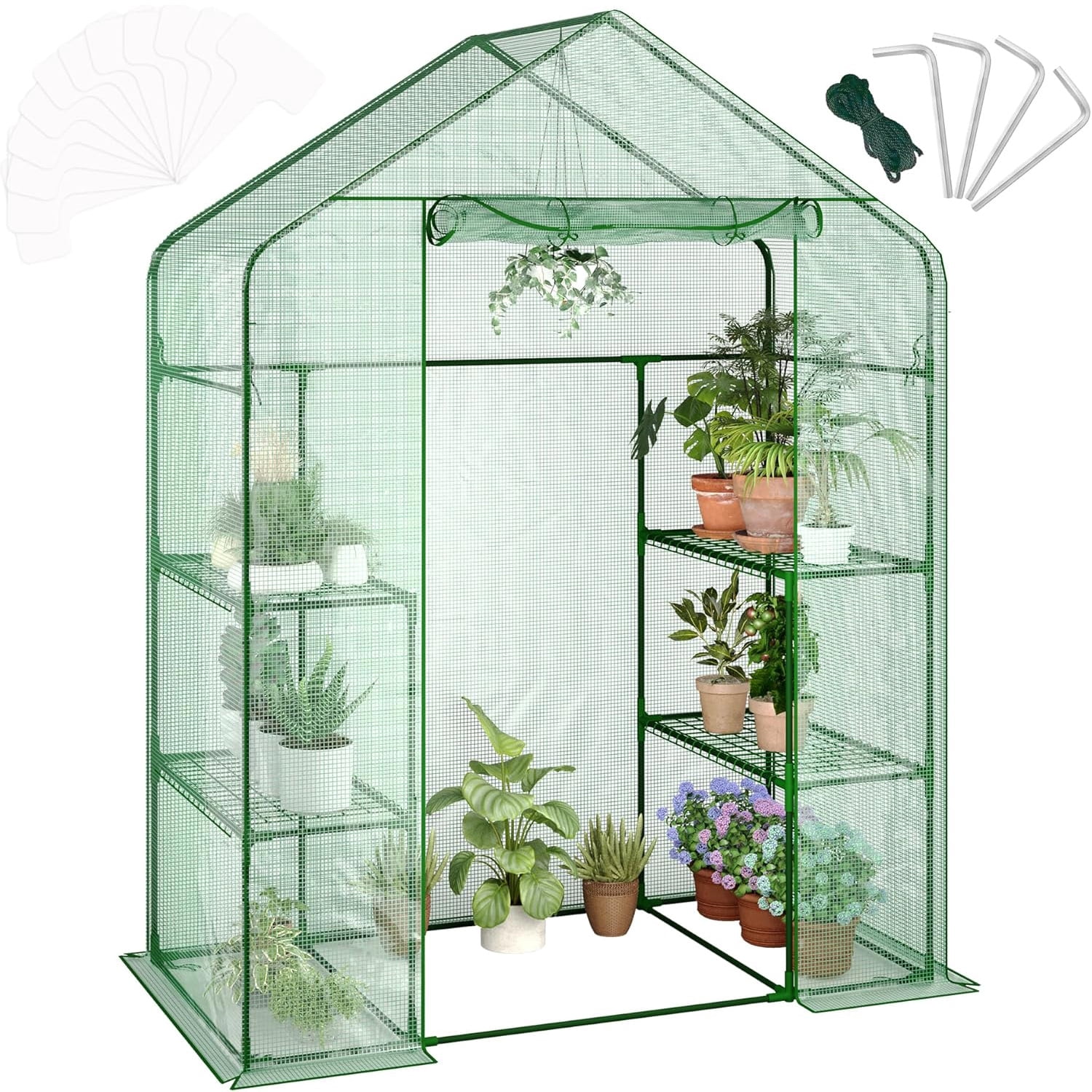 Yiwa 57"x29"x77" Portable Greenhouse with Thickened PE Cover & Roll-up Zipper Door - Walk-in Tunnels for Seedlings, Flowers, 4-Tier Shelves