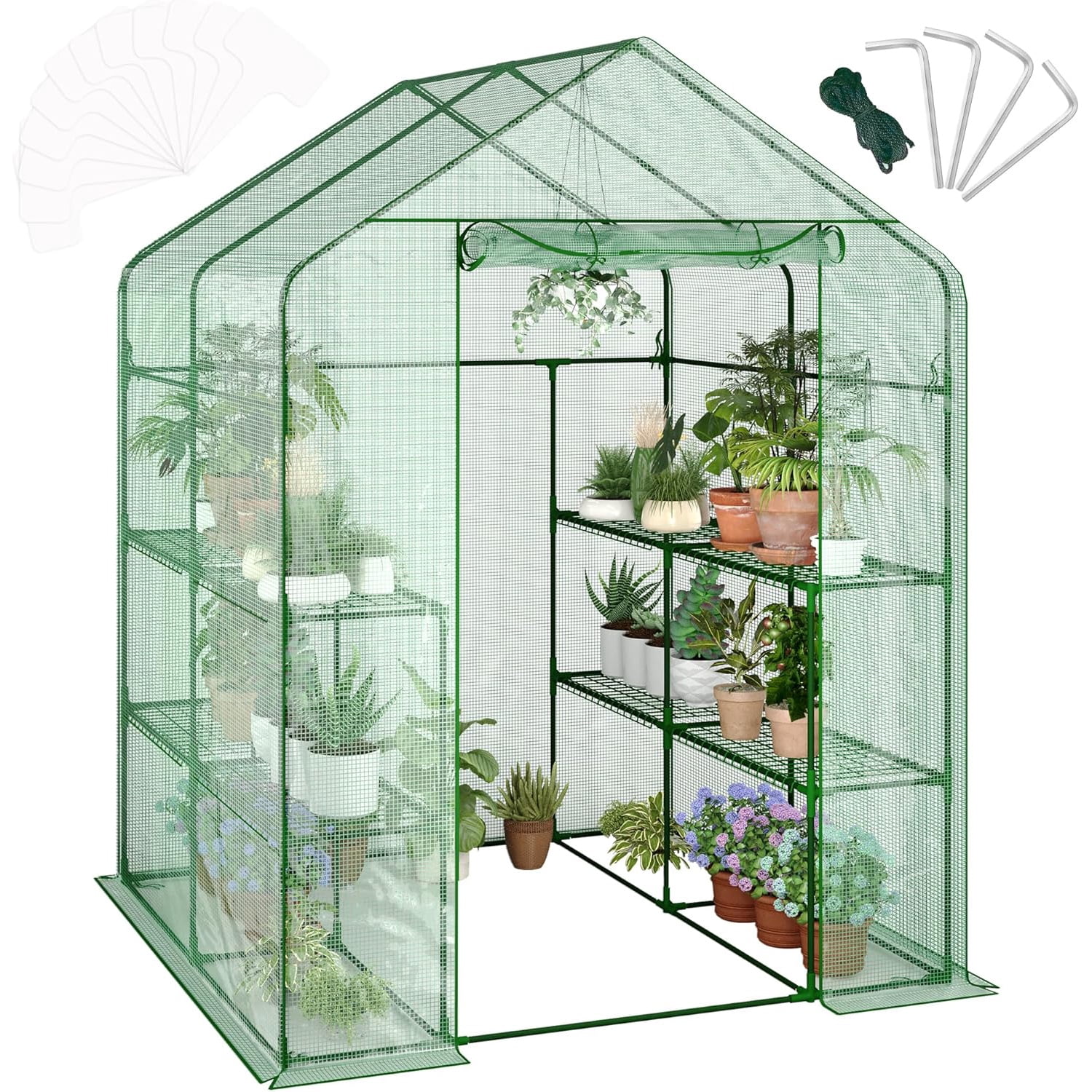 Yiwa 57"x57"x77" Portable Greenhouse with Thickened PE Cover & Roll-up Zipper Door - Walk-in Tunnels for Seedlings, Flowers, 12-Tier Shelves