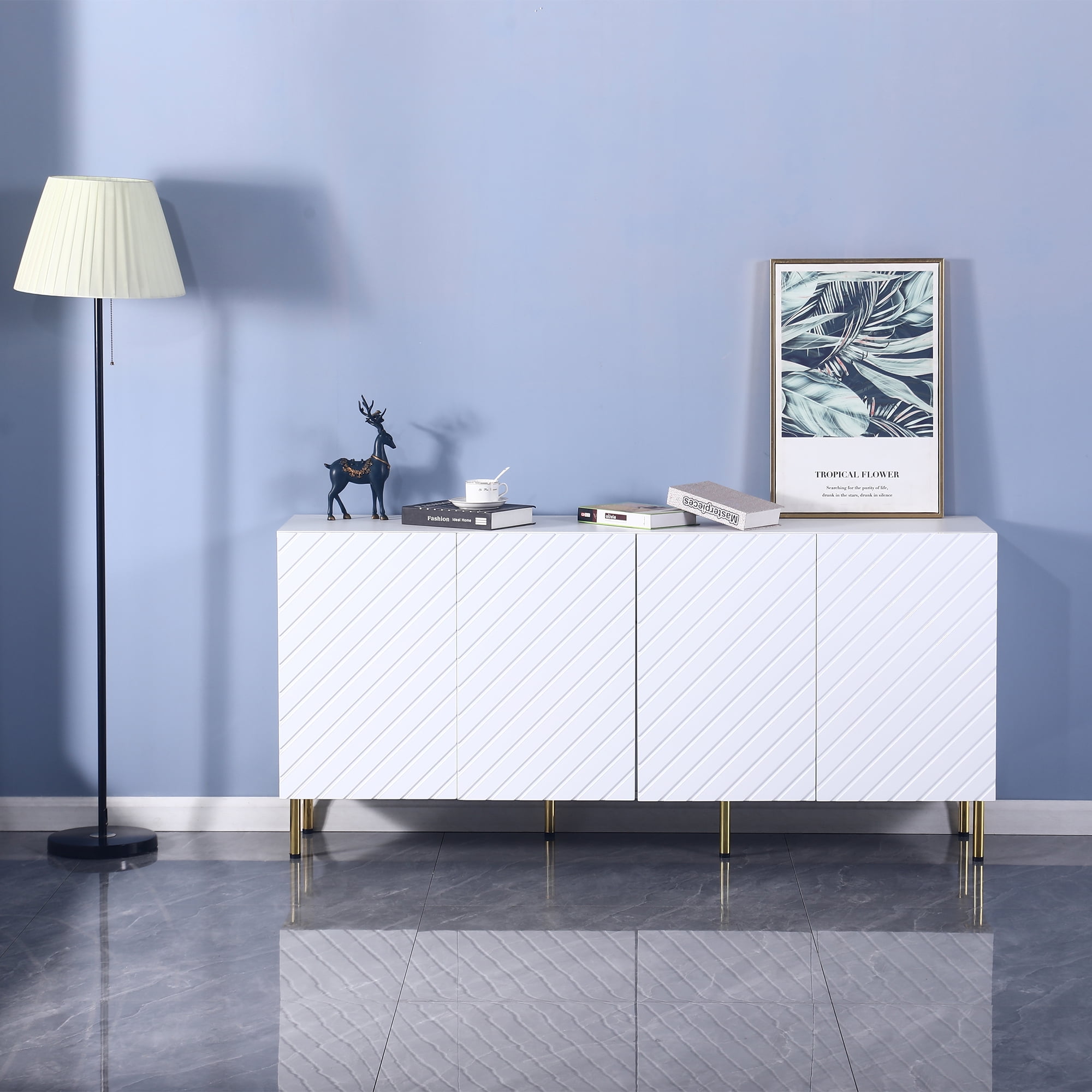 63" White MDF and Metal Sideboard Buffet with 4 Doors