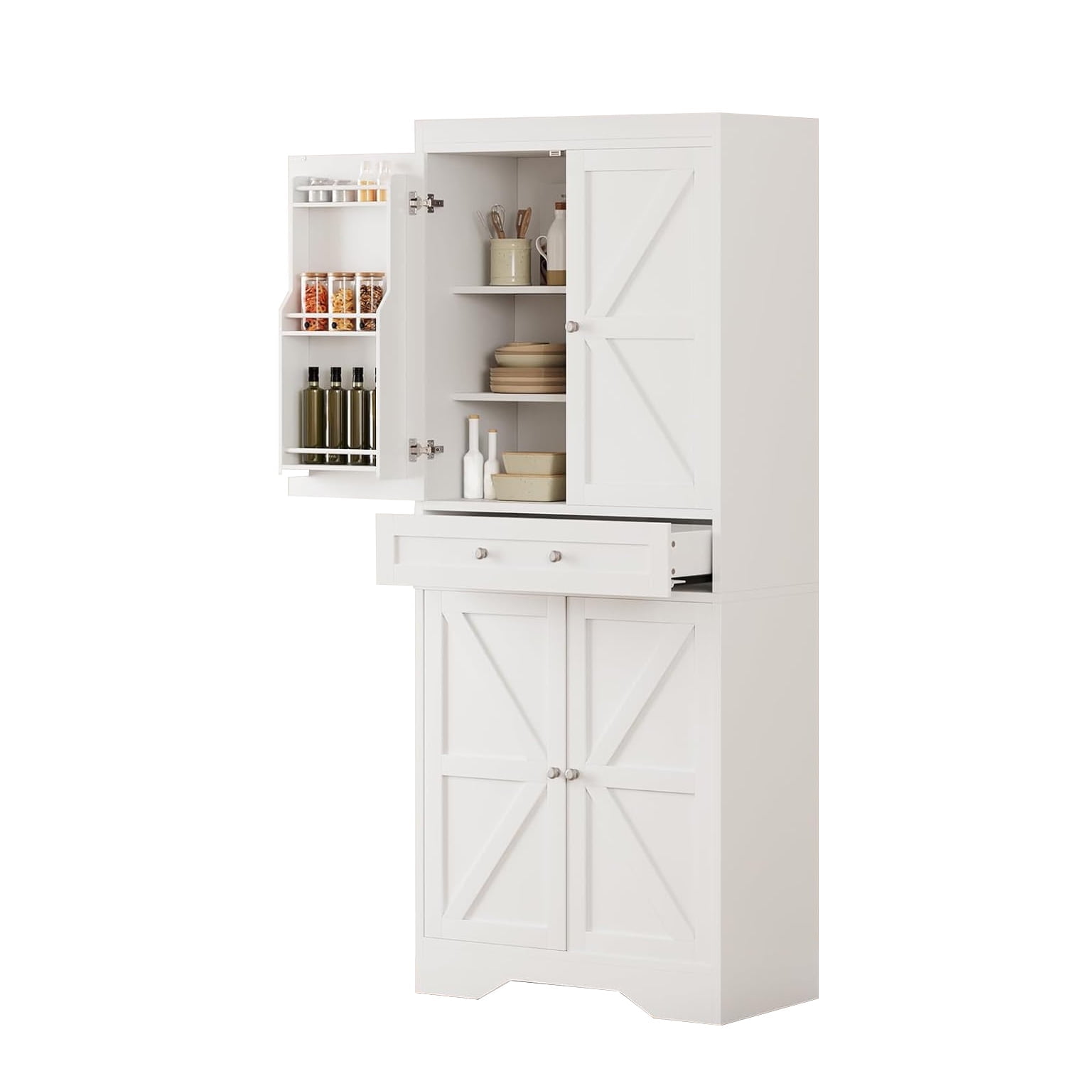 Tall White Farmhouse Kitchen Pantry Cabinet with Adjustable Shelves