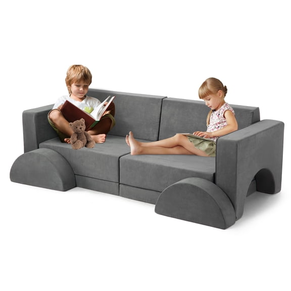 Yiwa 8pcs Modular Kids Play Couch, Grey Child Sectional Sofa, Fortplay Bedroom and Playroom Furniture Set
