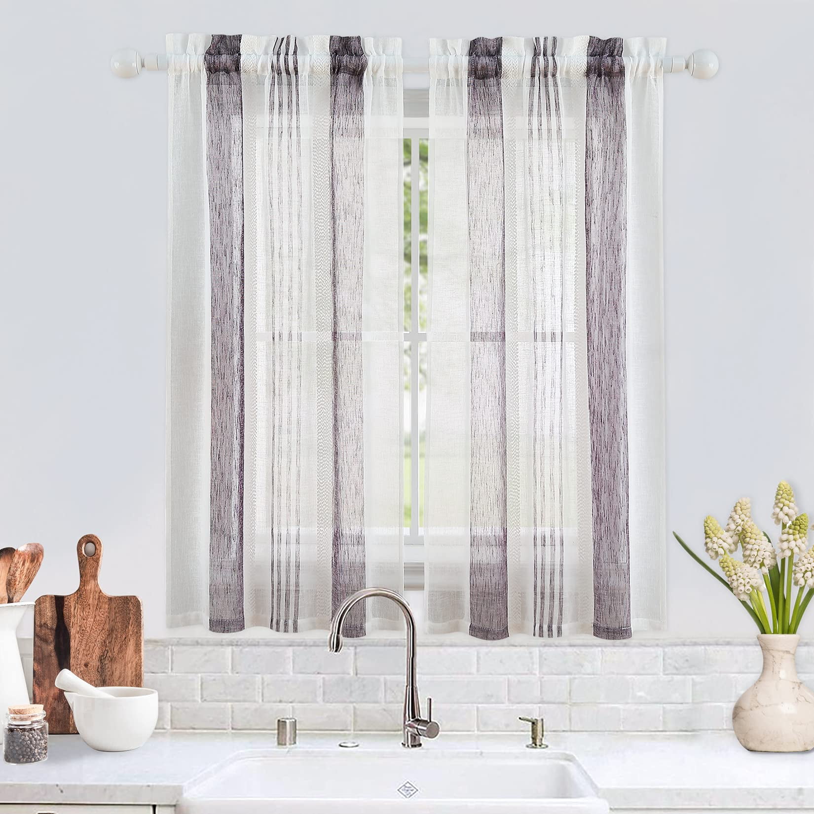 View of Yiwa Cafes Curtain Sriped Rod Pocket Faux Linen Textured Window ...