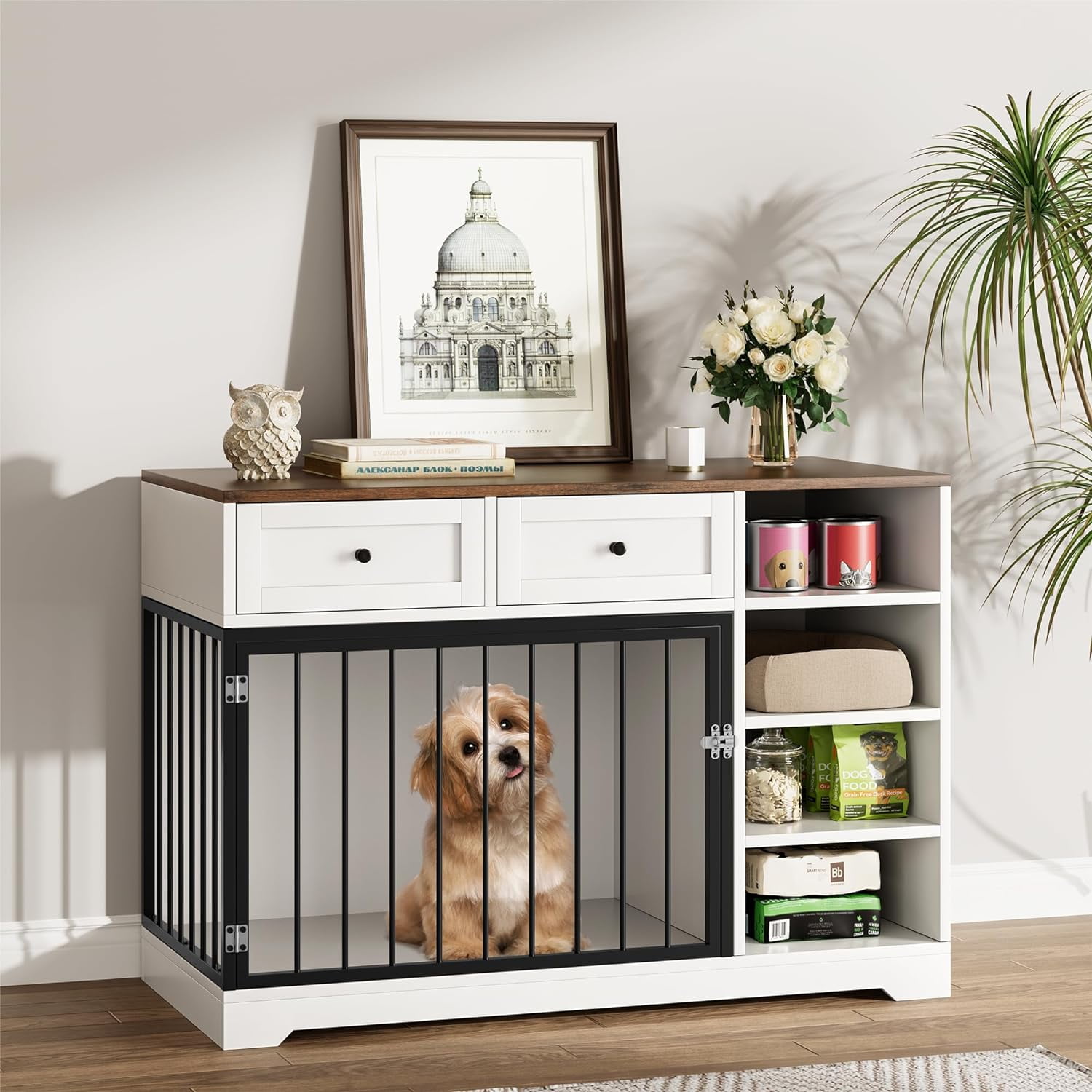 Yiwa Dog Crate Furniture with 2 Drawers and 4 Shelves, Dog Crate End