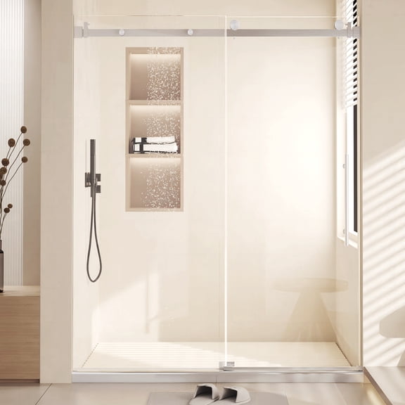 Yiwa Frameless Shower Doors 60" W x 72" H with Premium 100mm Thick Tempered Glass, Stainless Steel Handle & Seal Strip Parts(Brushed Nickel, Round Tube)