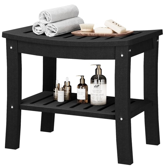 Yiwa HDPE Shower Bench with Storage Shelf - Waterproof Bath Stool, Non-Slip Spa Seat for Elderly, Indoor/Outdoor (Space-Saving, 330lb Capacity)
