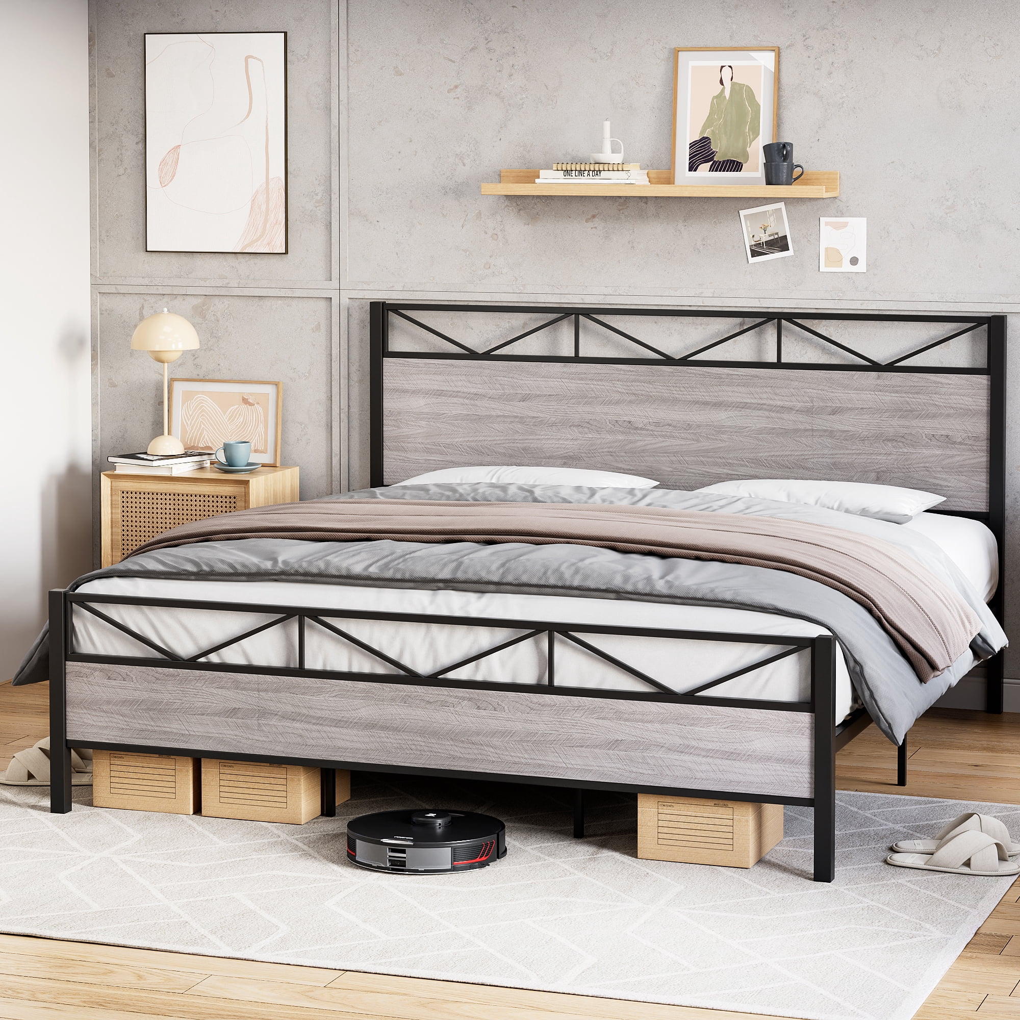 Yiwa Heavy Duty Full Bed Frame with Rustic Wood Headboard, Metal ...
