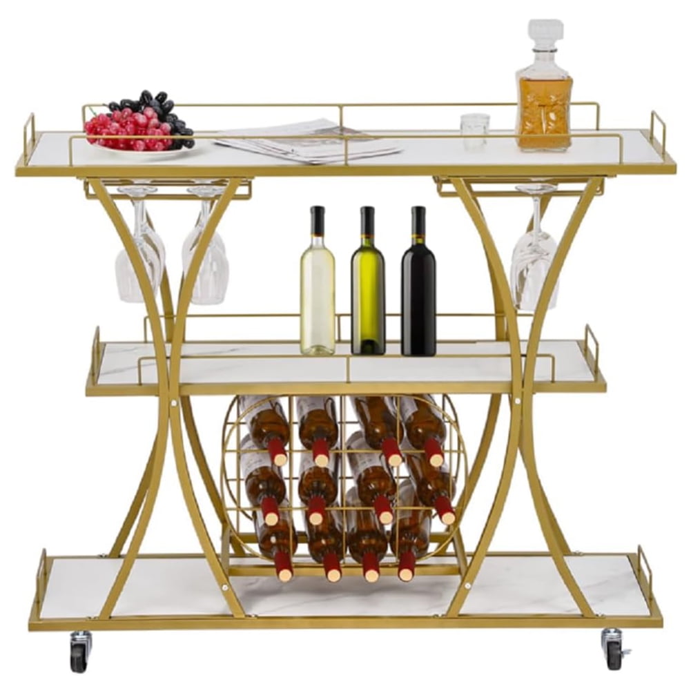 Yiwa Home Bar & Serving Carts Gold with Wheels, 3 Tier Drink Cart with