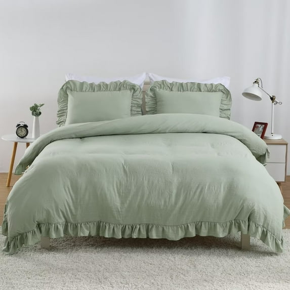 Yiwa King Size Ruffle Duvet Cover 104" W x 90" L Soft Washed Microfiber Vintage French Country Duvet Cover Set, 3-Pack, Sage Green